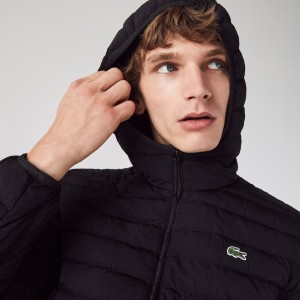 Abrigos Lacoste Hombre Negros Lightweight Foldable Hooded Water-Resistant Puffer HZ0-50855O8