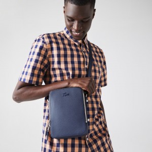 Bolsas Lacoste Hombre Azul Marino Chantaco Matte Stitched Cuero Vertical Camera Bag QQ4-55915P8