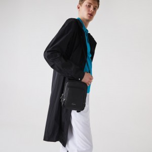 Bolsas Lacoste Hombre Negros Soft Mate Matte Full-Grain Cuero Small Flat Crossbody Bag EI1-39323S4