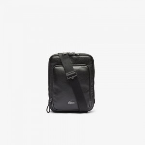 Bolsas Lacoste Hombre Negros Soft Matte Full-Grain Cuero Flat Crossbody Bag OG7-31173W4