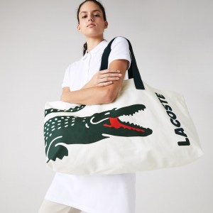 Bolso Tote Lacoste Oversized Crocodile Print Cotton Large Mujer Blancos | FU7-49784M1