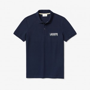 Camisa Polo Lacoste 3D-Lettering Slim Fit Stretch Cotton Piqué Hombre Azul Marino Azules | IO5-74557H7