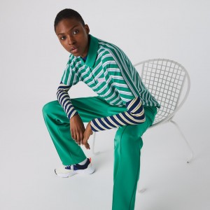 Camisa Polo Lacoste LIVE Loose Fit Badge Striped Cotton Piqué Mujer Verdes Blancos | SU7-93899U6