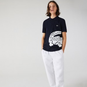 Camisa Polo Lacoste Oversized Crocodile Print Hombre Azul Marino Azules | JU3-07000K2