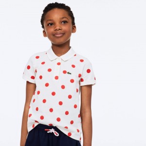 Camisa Polo Lacoste Niños Blancos Rojos Polka Dot Scalloped Collar Cotton Petit Piqué WQ4-69026I4