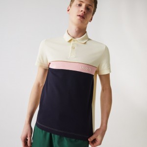 Camisa Polo Lacoste Regular Fit Colorblock Cotton Piqué Hombre Beige Azul Marino Azules Rosas | QS8-60506Q5