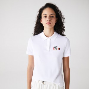 Camisa Polo Lacoste Regular Fit Colored Crocodile Flowy Piqué Mujer Blancos | SS2-87978V5