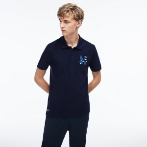 Camisa Polo Lacoste Regular Fit LCST Lettering Petit Piqué Hombre Azul Marino Azules | GP5-54005J9