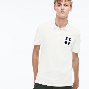 Camisa Polo Lacoste Regular Fit LCST Lettering Petit Piqué Hombre Blancos | RF5-62606E0