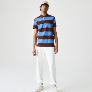 Camisa Polo Lacoste Regular Fit Striped Cotton Piqué Hombre Marrom Azules | KE1-33683Y0