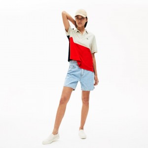 Camisa Polo Lacoste Relaxed-Fit Lightweight Color-Block Piqué Mujer Rojos Beige Azul Marino Azules | GU9-43414S4