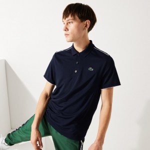 Camisa Polo Lacoste SPORT Contrast Piping Breathable Piqué Hombre Azul Marino Azules Blancos | NI6-68576A9