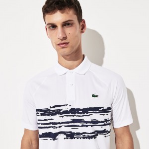 Camisa Polo Lacoste SPORT Novak Djokovic Stretch Print Jersey Hombre Blancos Azul Marino Azules | IM0-22542K3