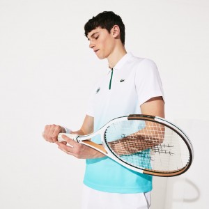 Camisa Polo Lacoste SPORT Roland Garros Zip-Front Performance Hombre Blancos Turquesa Verdes | ZR0-16251E4