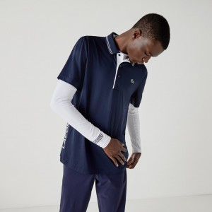 Camisa Polo Lacoste SPORT Signature Breathable Golf Hombre Azul Marino Azules Blancos | GD2-77587T7