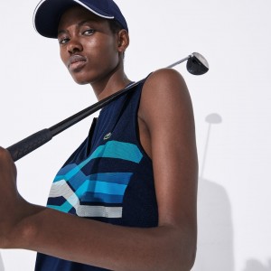 Camisa Polo Lacoste SPORT Ultra Dry Geometric Print Performance Mujer Azul Marino Azules Turquesa Azules Blancos | VQ4-65206K3