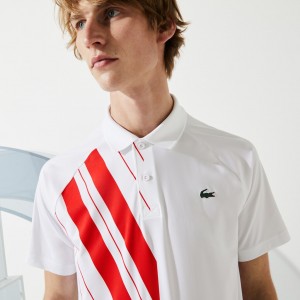 Camisa Polo Lacoste SPORT x Novak Djokovic Print Stretch Jersey Hombre Blancos Rojos | YU1-17701R5