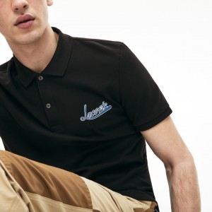 Camisa Polo Lacoste Signature Cotton Hombre Negros | JR9-58025O5
