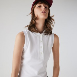 Camisa Polo Lacoste Sleeveless Cotton Piqué Mujer Blancos | VM8-24172W2