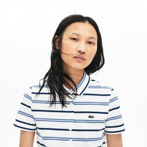 Camisa Polo Lacoste Slim Fit Striped Stretch Piqué Mujer Blancos Azules Azul Marino Azules | EG8-12021A4