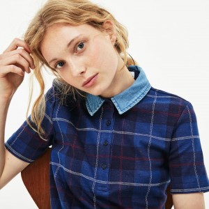 Camisa Polo Lacoste Tartan Check Cotton Jacquard Mujer Azul Marino Azules Azules | PZ2-74127L2