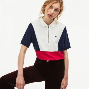 Camisa Polo Lacoste Zip Neck Colorblock Terrycloth Piqué Mujer Blancos Azul Marino Azules Rojos | GY2-51585E2