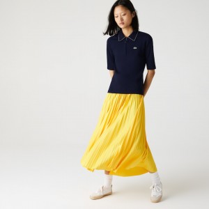 Camisa Polo Lacoste Zippered Slim Fit Cotton Piqué Mujer Azul Marino Azules Blancos | QV7-69426F4