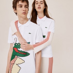 Camisa Polo Lacoste x Jean-Michel Tixier Print Classic Fit Mujer Blancos Amarillos | SN0-33113O1