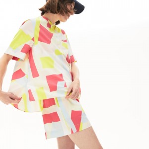 Camisas Lacoste Abstract-Print Cotton Blend Blouse Mujer Amarillos Blancos | ZJ2-82928Y4