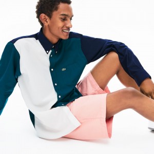 Camisas Lacoste Hombre Azul Marino Azules Verdes Blancos Color-Block Cotton IY8-50635J4