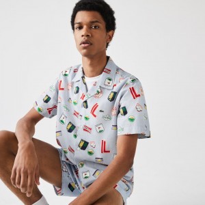 Camisas Lacoste Hawaiian Print Cotton Hombre Azules Blancos | IE8-33703I1