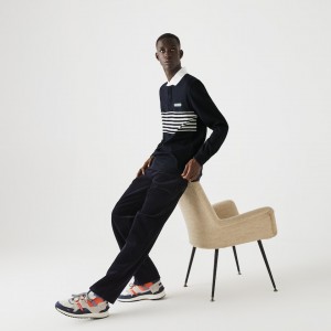 Camisas Lacoste Héritage Striped Thick Cotton Rugby Polo Hombre Azul Marino Azules Blancos Azul Marino Azules | NX1-66226Z3
