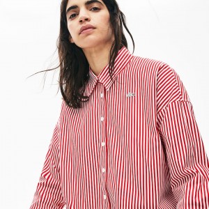 Camisas Lacoste LIVE Boxy-Fit Striped Cotton Mujer Blancos Rojos | PE0-05000L6