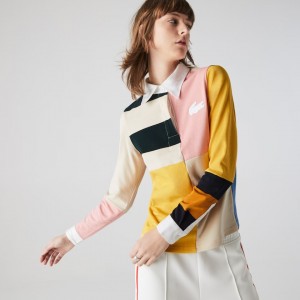 Camisas Lacoste LIVE Colorblock Rugby Polo Mujer Beige Blancos | TK8-03680B2