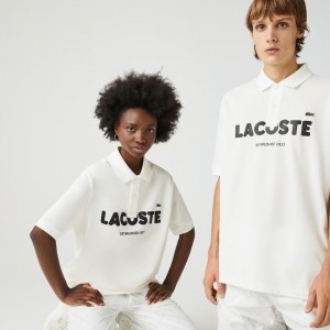 Camisas Lacoste LIVE Loose Fit Branded Cotton Piqué Polo Hombre Blancos Negros | CG7-52995D2