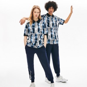 Camisas Lacoste LIVE Loose Fit Graphic Print Cotton Polo Hombre Blancos Azules Blancos | LY6-68756N2