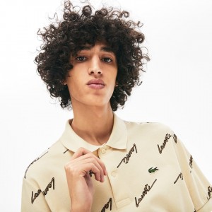 Camisas Lacoste LIVE Standard Fit Print Cotton Piqué Polo Hombre Beige | WB3-36443X3