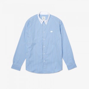 Camisas Lacoste Hombre Azules Blancos LIVE Striped Cotton ZO5-92399F2
