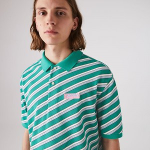 Camisas Lacoste LIVE Striped Cotton Piqué Polo Hombre Verdes Blancos | UV3-91819F7