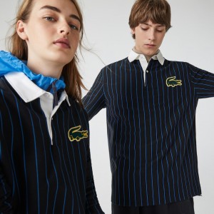 Camisas Lacoste LIVE Striped Cotton Polo Hombre Negros Azules | JS2-10651N6