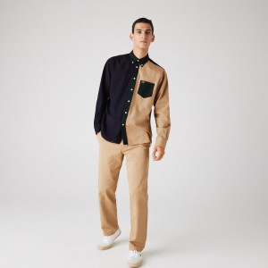 Camisas Lacoste Hombre Azul Marino Azules Verdes Beige Lightweight Regular Fit Colorblock Cotton Canvas XX4-86008Y9