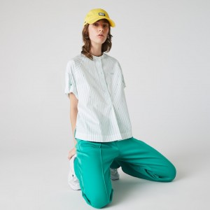 Camisas Lacoste Oversized Mao Collar Striped Cotton Poplin Blouse Mujer Blancos Verdes | NX9-50885M6