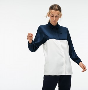 Camisas Lacoste Regular Fit Bicolor Flowing Piqué Mujer Azules Blancos | OK8-66236K5