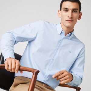 Camisas Lacoste Hombre Blancos Azules Regular Fit Checkered Premium Cotton Poplin SV3-18061X3
