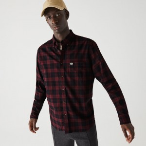 Camisas Lacoste Hombre Negros Vino Regular Fit Cotton Twill Checkered AW4-17591V8