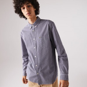 Camisas Lacoste Hombre Blancos Azul Marino Azules Regular Fit Gingham Cotton Poplin RL1-13761X4