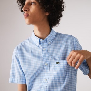 Camisas Lacoste Hombre Blancos Azules Regular Fit Gingham Poplin HT1-59515P6