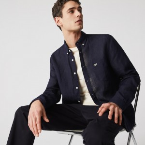 Camisas Lacoste Hombre Azul Marino Azules Regular Fit Linen CH2-37753N4