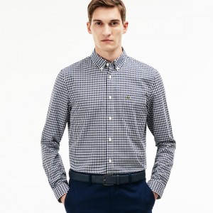 Camisas Lacoste Hombre Azul Marino Azules Blancos Regular Fit Mini Check Poplin PQ3-53955N0