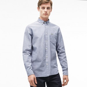 Camisas Lacoste Hombre Azul Marino Azules Blancos Regular Fit Oxford Cotton ED2-55485W0